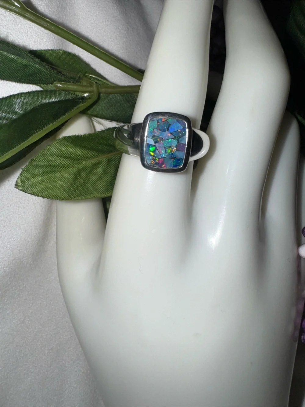Vintage Michelle Albala Sterling Silver  Real Opal Mosaic Ring, size 9